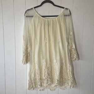 CALSTYLE Women Sheer M White 100% Cotton Tiered Eyelet Lined Boho Tunic Top Lace